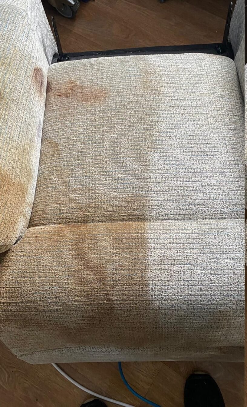 Fabric armchair, heavy soiling before cleaning