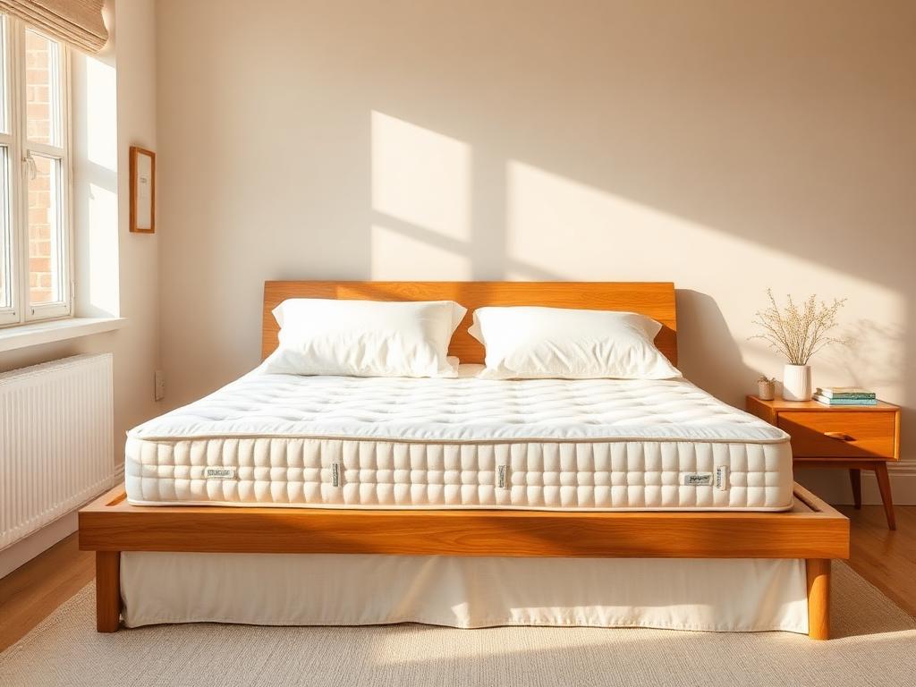 Freshly cleaned mattress on an oak bed frame in a bright bedroom
